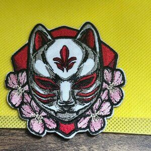Embroidered Kitsune Fox Mask patch in red and white